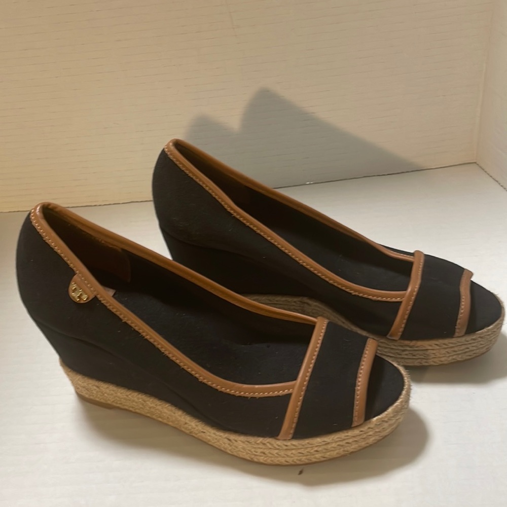 Tory Burch Black and Brown Wedge Espadrille Peep-Toe Shoes
